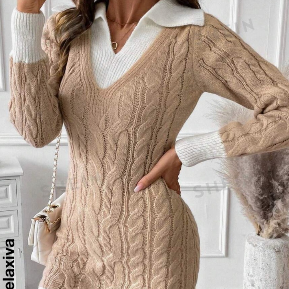 New Stein Winter Contrasting Color Collar Long Sleeve sweater dress
